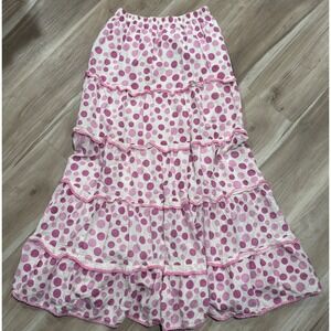 La Fille Tiered Maxi Skirt Pink Purple Polka Dot Ruffle Elastic Waist s/m u2